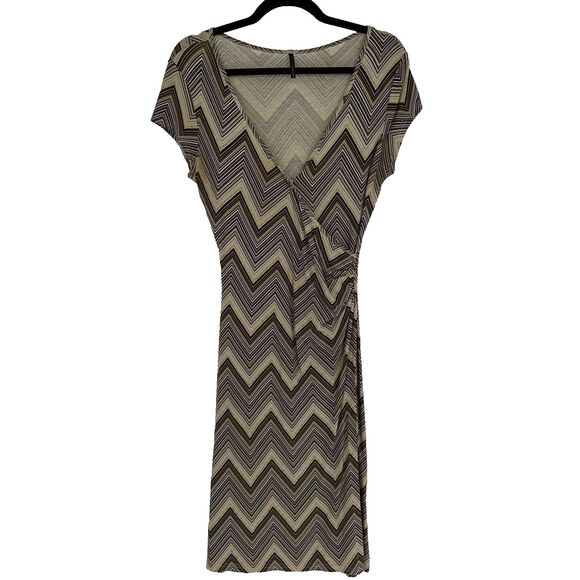 Naf Naf Womens Faux Wrap Midi Dress Size M Chevron Neutral Retro Office Stretch - Picture 1 of 9